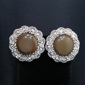 1950s Lucite Moonglow Clip Earrings Floral Rhinestone Large Vintage Jewelry